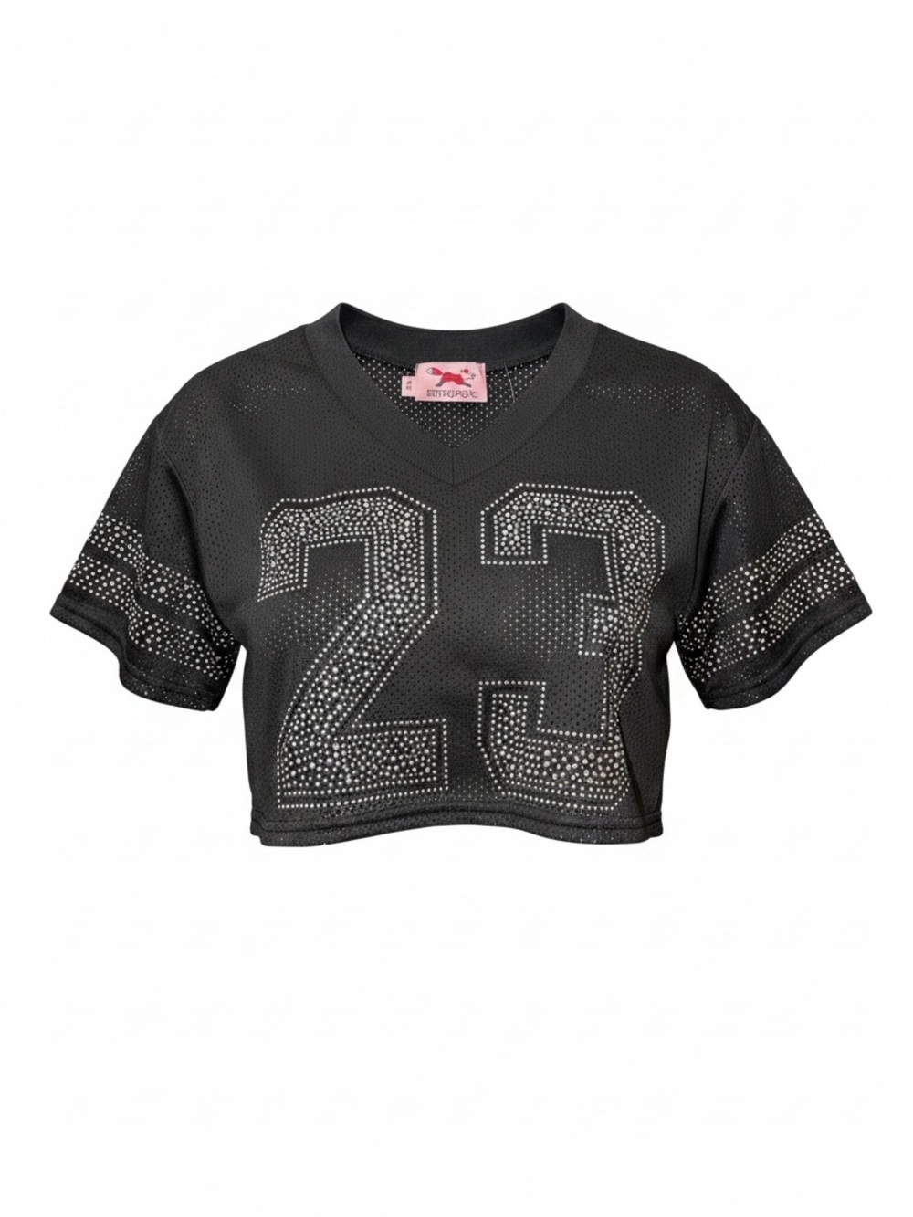 Cropped Rhinestone Mesh Jersey - Black